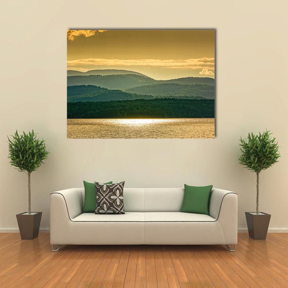 Lake Champlain at Sunset Canvas Wall Art in gold, yellow and green, single panel hung on a wall