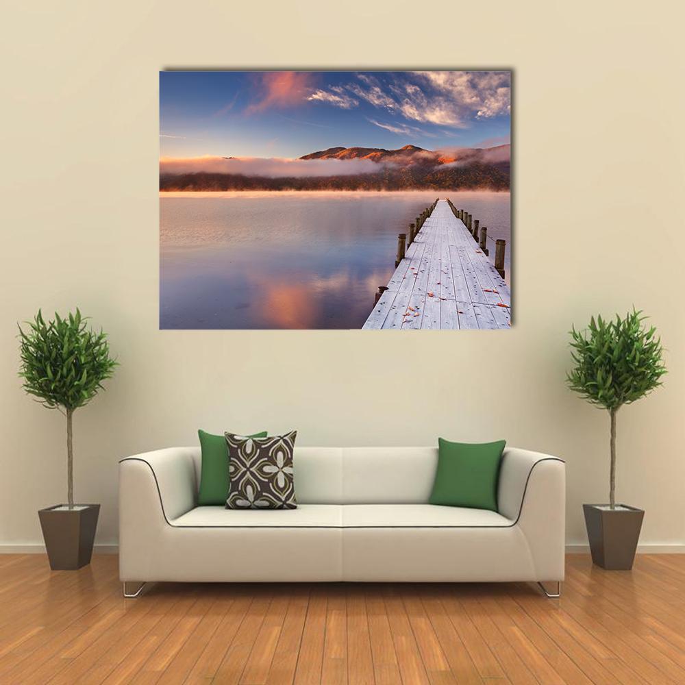 Lake Chuzenji, Japan Morning Mist Canvas Wall Art in white, orange and blue, single panel hung on a wall