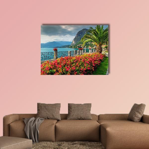 Lake Como Italy Canvas Wall Art in red, green and blue, single panel hung on a wall