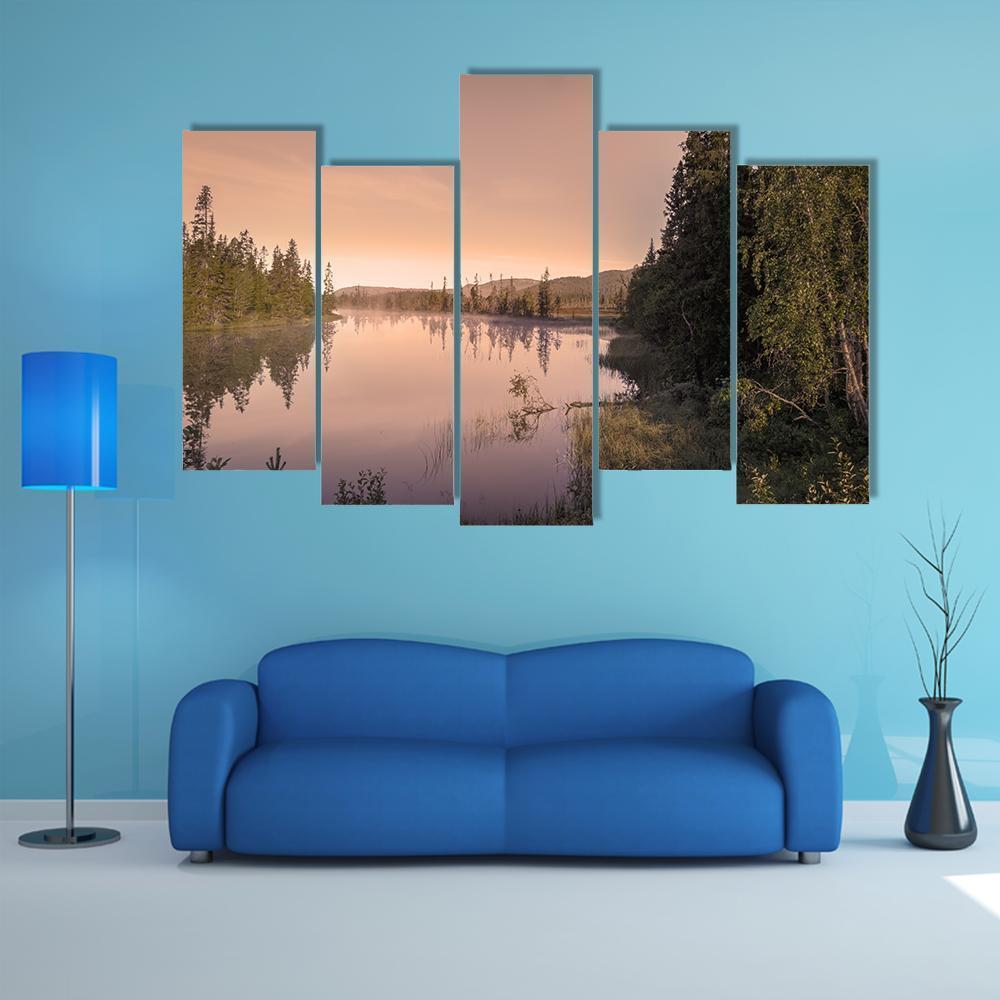 Lake During Sunrise Canvas Wall Art-5 Pop-Gallery Wrap-47" x 32"-Tiaracle