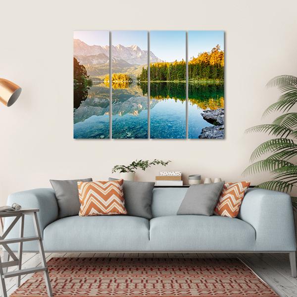 Lake Eibsee In Sunlight Canvas Wall Art-4 Horizontal-Gallery Wrap-34" x 24"-Tiaracle