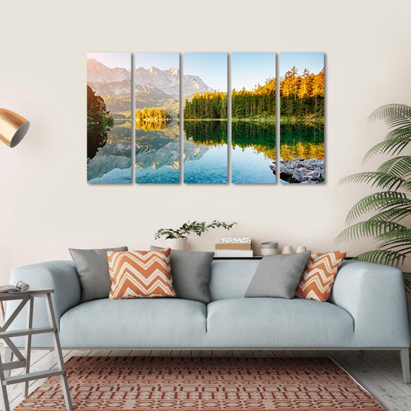 Lake Eibsee In Sunlight Canvas Wall Art-5 Horizontal-Gallery Wrap-22" x 12"-Tiaracle