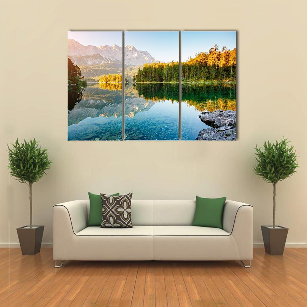 Lake Eibsee In Sunlight Canvas Wall Art-3 Horizontal-Gallery Wrap-37" x 24"-Tiaracle