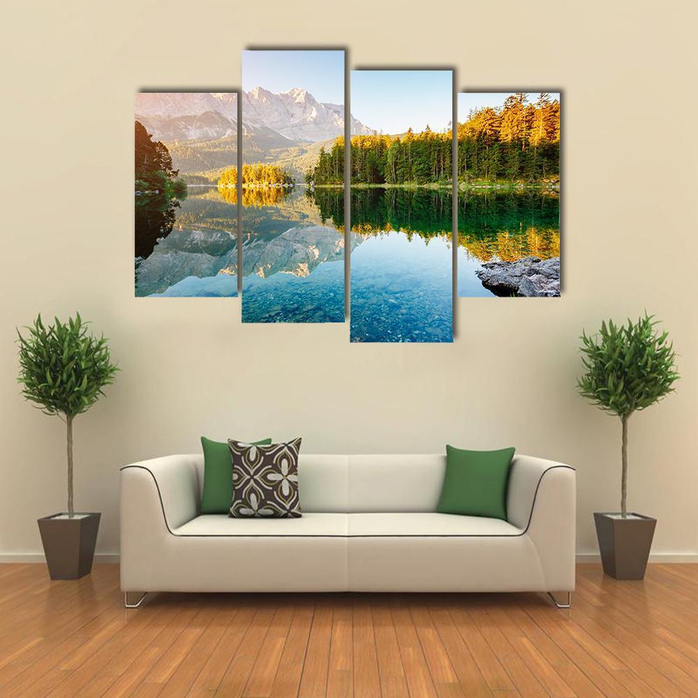 Lake Eibsee In Sunlight Canvas Wall Art-4 Pop-Gallery Wrap-50" x 32"-Tiaracle