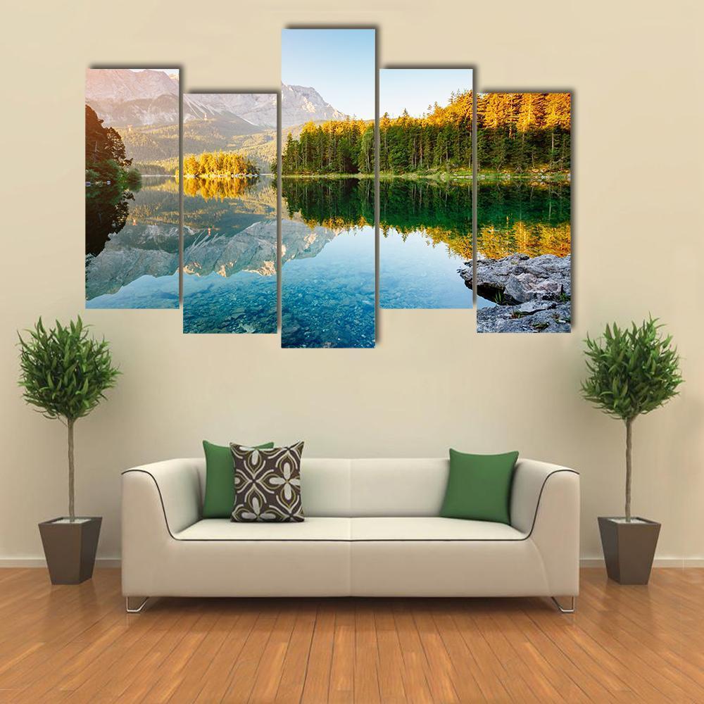 Lake Eibsee In Sunlight Canvas Wall Art-5 Pop-Gallery Wrap-47" x 32"-Tiaracle