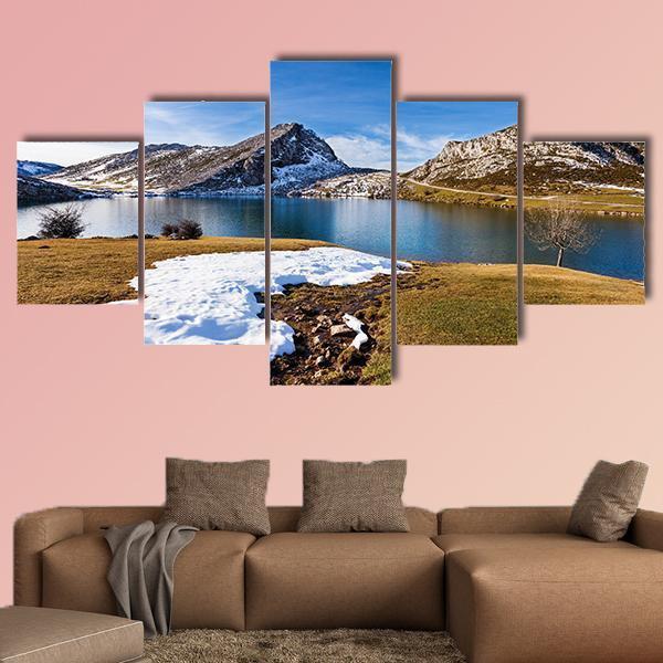 Lake Enol In Winter Canvas Wall Art-5 Star-Gallery Wrap-62" x 32"-Tiaracle