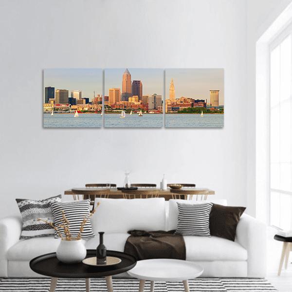 Lake Erie Ohio Skyline Panoramic Canvas Wall Art in beige, orange and blue, hung on a wall