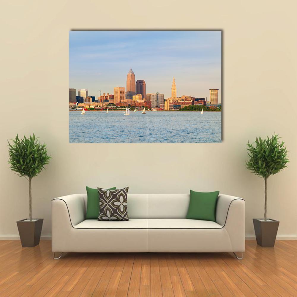 Lake Erie Skyline with Sailboats Canvas Wall Art in beige and blue, single panel hung on a wall