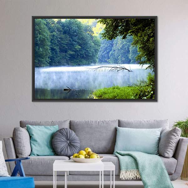 Forest Lake in Morning Mist Canvas Wall Art in white, green and blue, framed canvas, product view on a white background