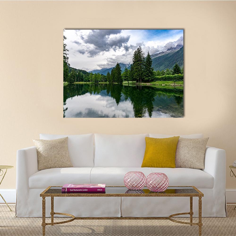 Lake Gaillands with Mont Blanc Canvas Wall Art in gray, green and blue, single panel hung on a wall