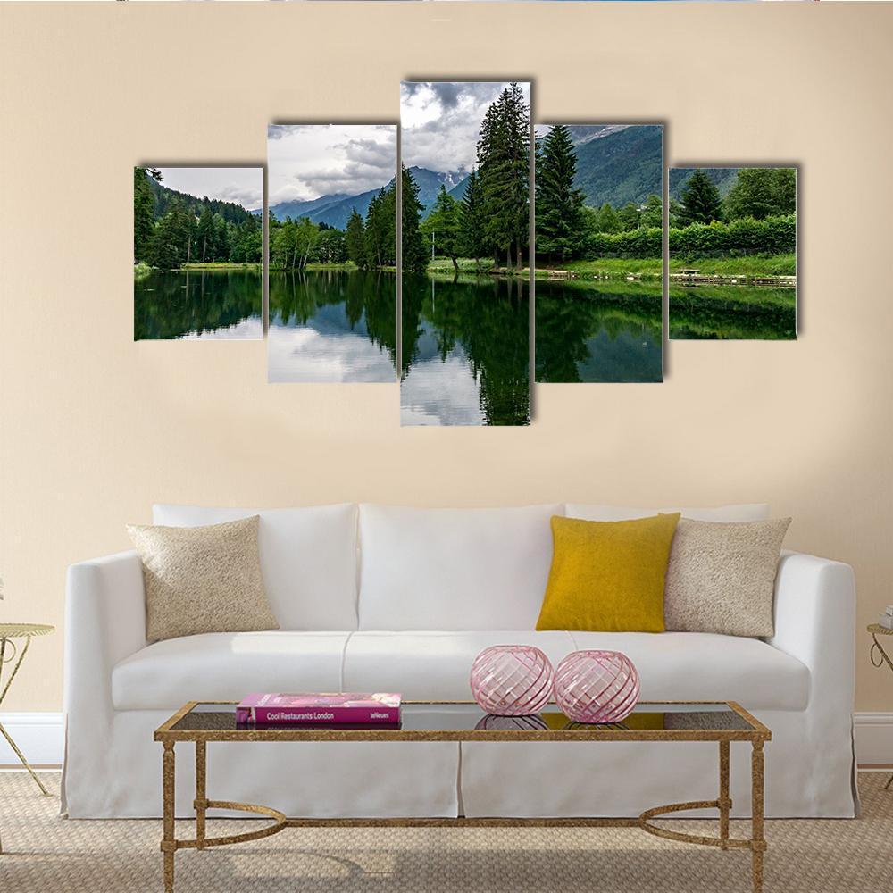 Lake Gaillands with Mont Blanc Canvas Wall Art in gray, green and blue, 5 panel Star layout hung on a wall