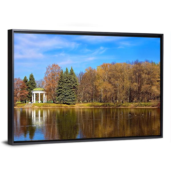 Lake Gazebo In Autumn Canvas Wall Art-3 Horizontal-Gallery Wrap-25" x 16"-Tiaracle