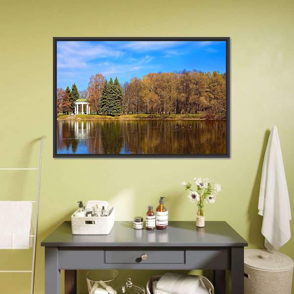 Lake Gazebo In Autumn Canvas Wall Art-1 Piece-Floating Frame-24" x 16"-Tiaracle