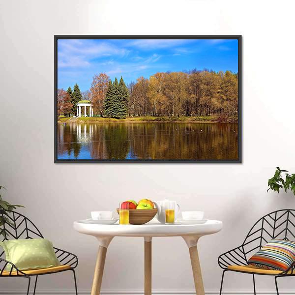 Lake Gazebo In Autumn Canvas Wall Art-3 Horizontal-Gallery Wrap-25" x 16"-Tiaracle