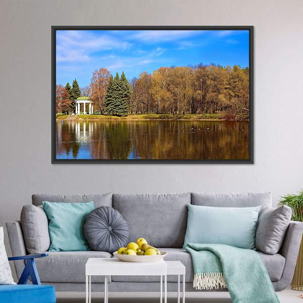 Lake Gazebo In Autumn Canvas Wall Art-3 Horizontal-Gallery Wrap-25" x 16"-Tiaracle