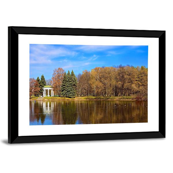 Lake Gazebo In Autumn Canvas Wall Art-3 Horizontal-Gallery Wrap-25" x 16"-Tiaracle