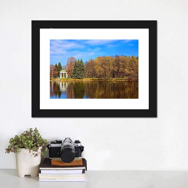 Lake Gazebo In Autumn Canvas Wall Art-1 Piece-Framed Print-20" x 16"-Tiaracle