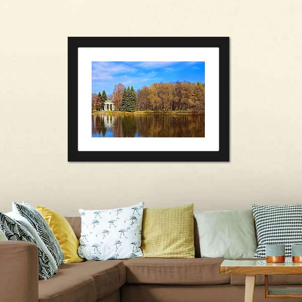 Lake Gazebo In Autumn Canvas Wall Art-3 Horizontal-Gallery Wrap-25" x 16"-Tiaracle