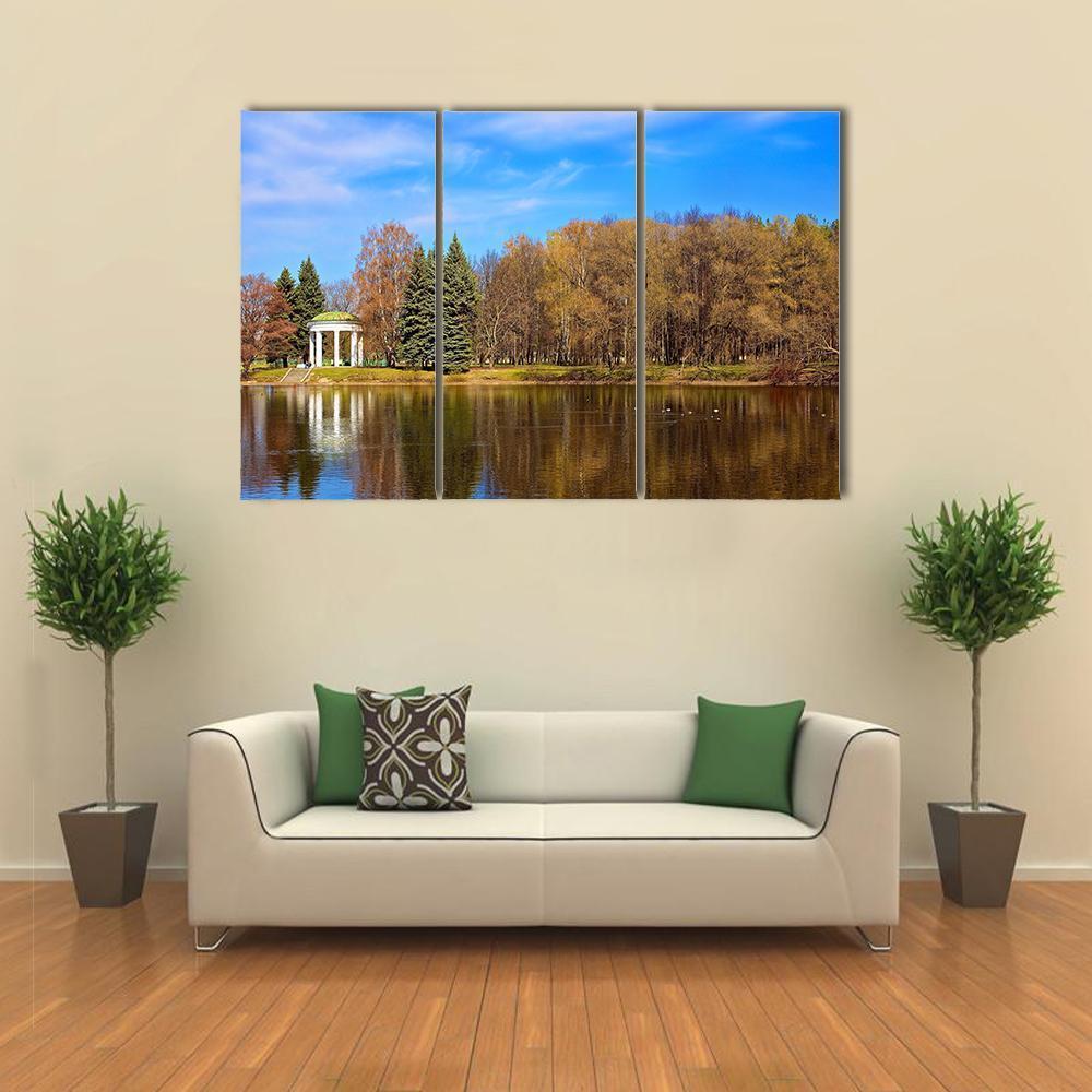 Lake Gazebo In Autumn Canvas Wall Art-3 Horizontal-Gallery Wrap-37" x 24"-Tiaracle