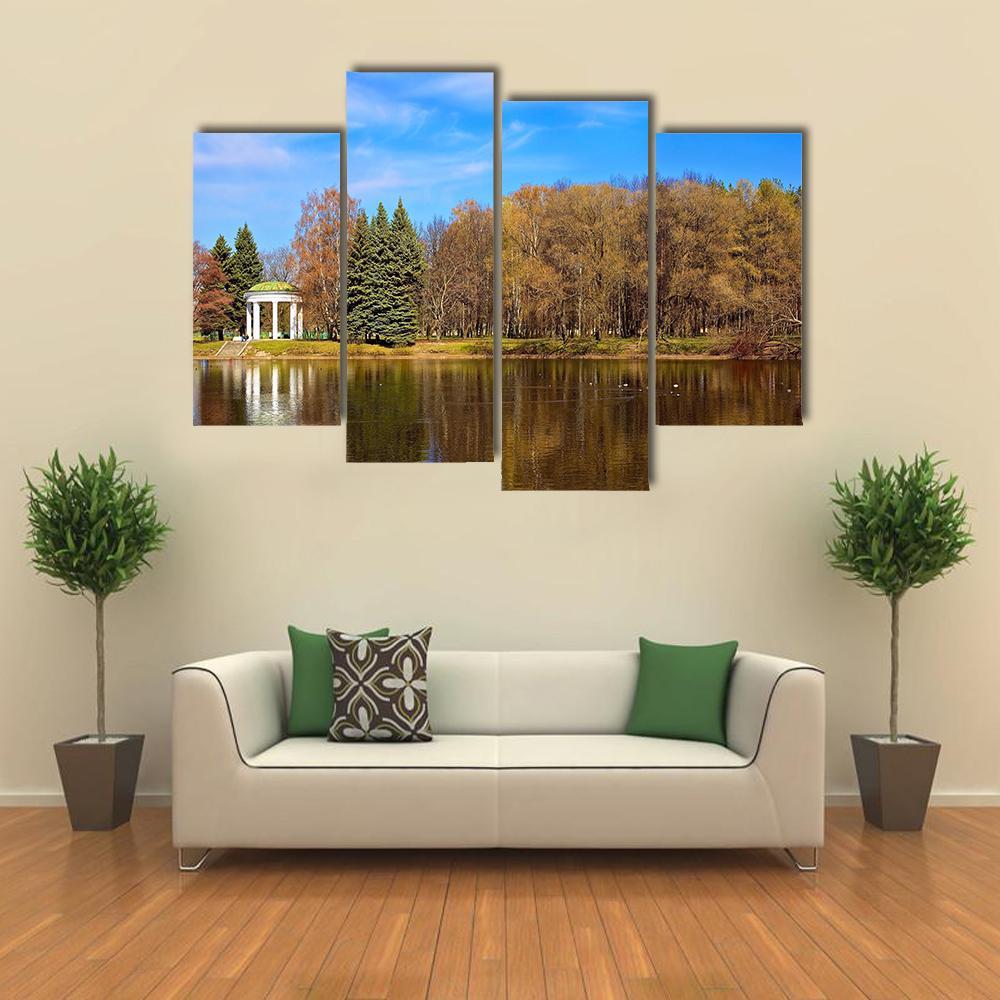 Lake Gazebo In Autumn Canvas Wall Art-4 Pop-Gallery Wrap-50" x 32"-Tiaracle