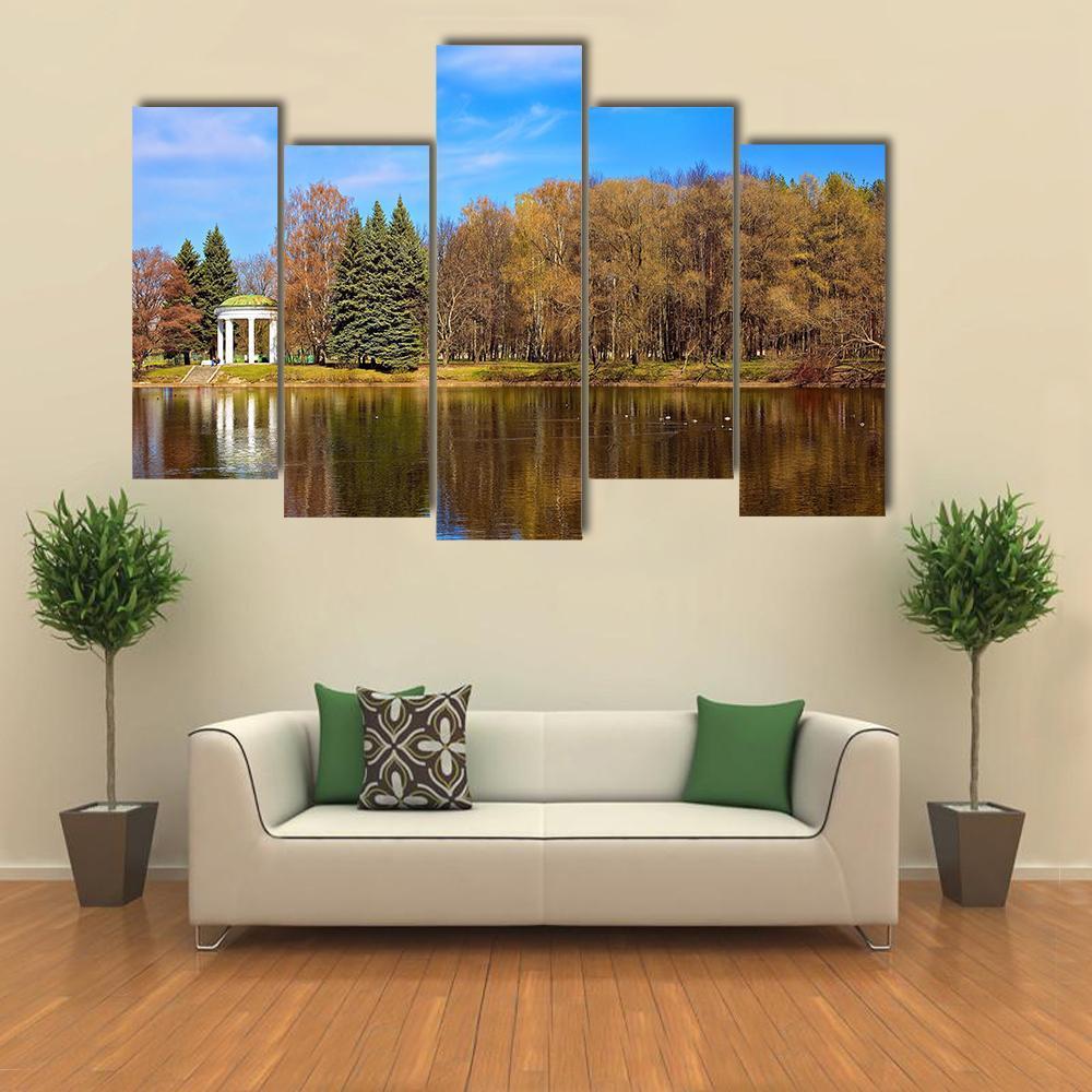 Lake Gazebo In Autumn Canvas Wall Art-5 Pop-Gallery Wrap-47" x 32"-Tiaracle