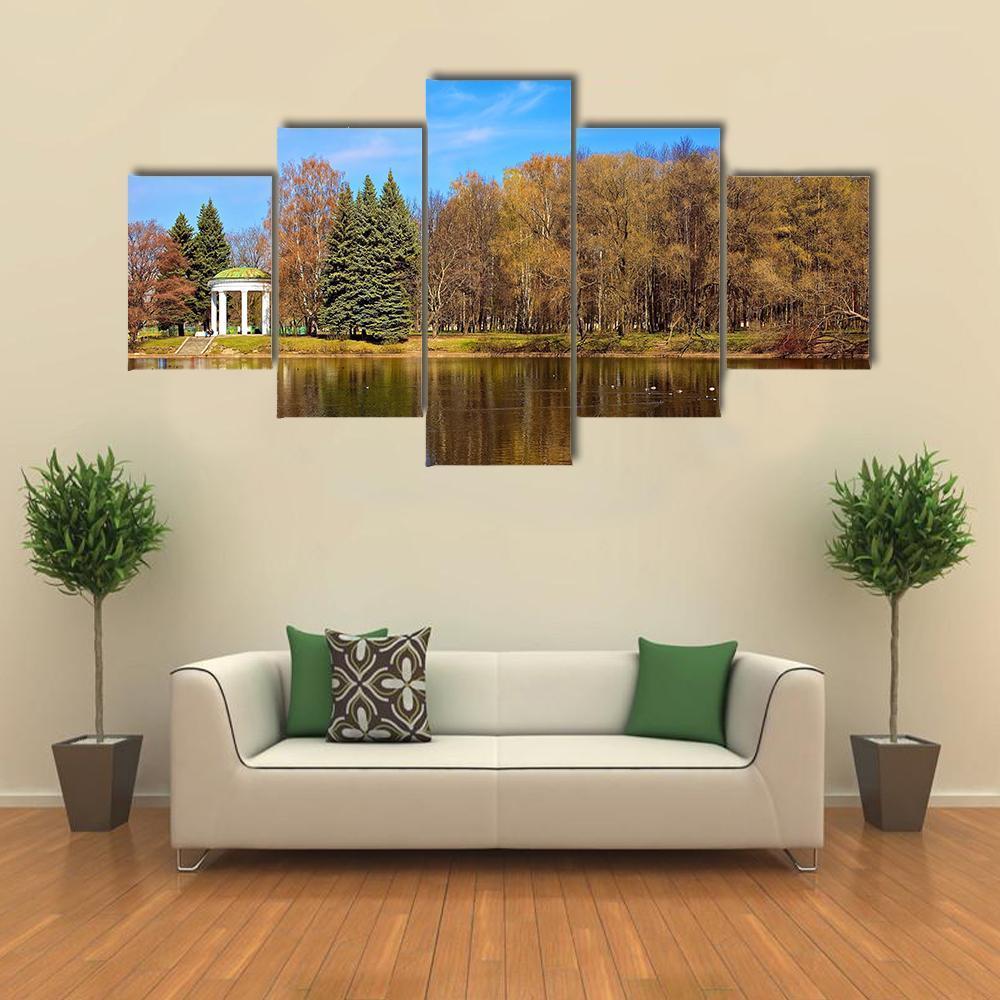 Lake Gazebo In Autumn Canvas Wall Art-5 Star-Gallery Wrap-62" x 32"-Tiaracle