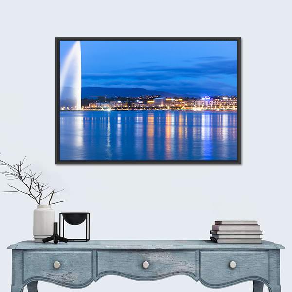 Lake Geneva At Night Canvas Wall Art-1 Piece-Floating Frame-24" x 16"-Tiaracle