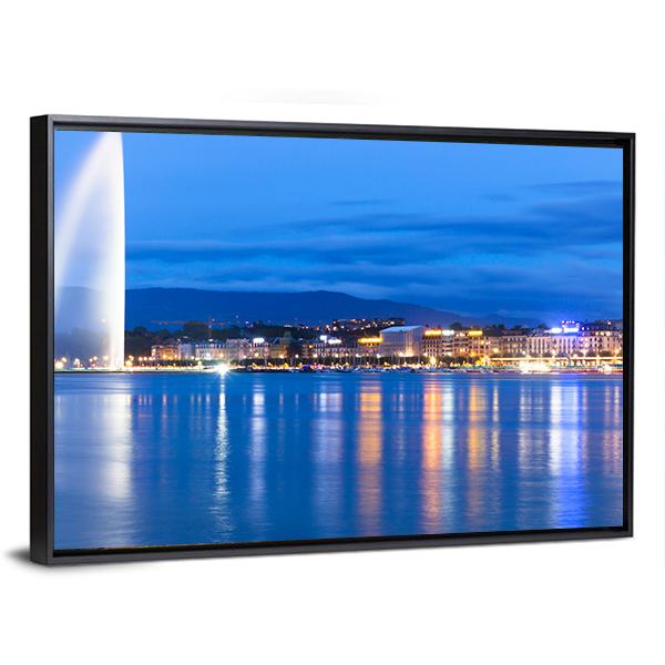 Lake Geneva At Night Canvas Wall Art-3 Horizontal-Gallery Wrap-25" x 16"-Tiaracle