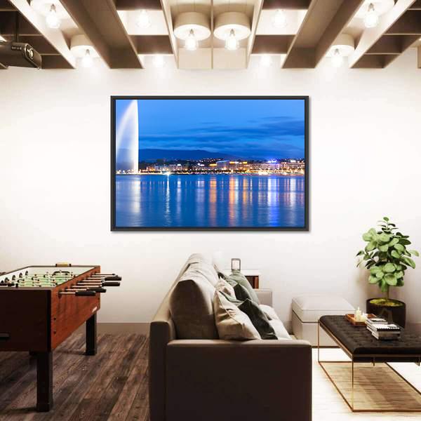 Lake Geneva At Night Canvas Wall Art-3 Horizontal-Gallery Wrap-25" x 16"-Tiaracle