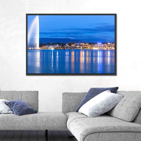 Lake Geneva At Night Canvas Wall Art-3 Horizontal-Gallery Wrap-25" x 16"-Tiaracle