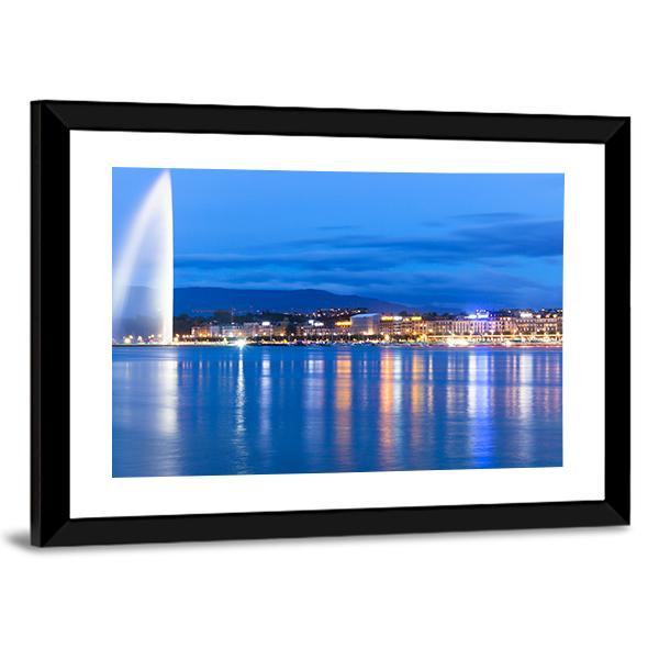 Lake Geneva At Night Canvas Wall Art-3 Horizontal-Gallery Wrap-25" x 16"-Tiaracle