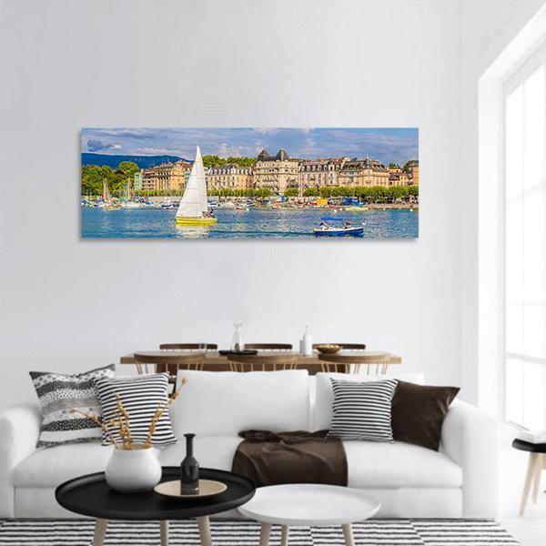 Lake Geneva Harbor In Switzerland Panoramic Canvas Wall Art-3 Piece-25" x 08"-Tiaracle