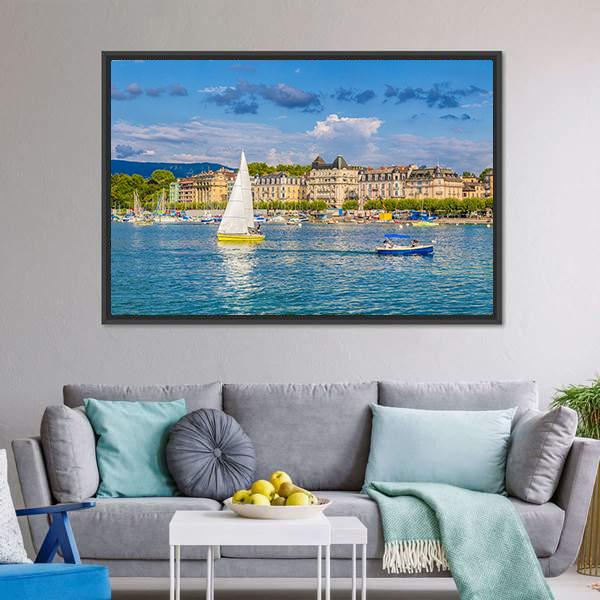 Lake Geneva Harbor In Switzerland Panoramic Canvas Wall Art-1 Piece-36" x 12"-Tiaracle