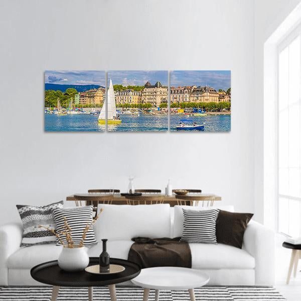 Lake Geneva Harbor In Switzerland Panoramic Canvas Wall Art-3 Piece-25" x 08"-Tiaracle