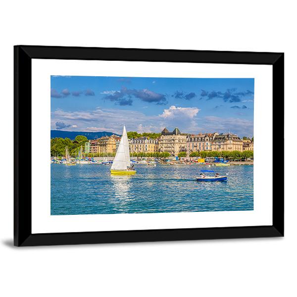 Lake Geneva Harbor In Switzerland Panoramic Canvas Wall Art-1 Piece-36" x 12"-Tiaracle