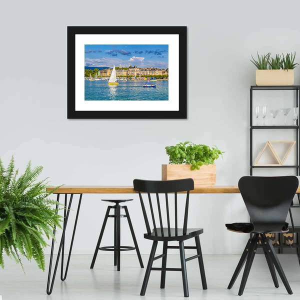 Lake Geneva Harbor In Switzerland Panoramic Canvas Wall Art-1 Piece-36" x 12"-Tiaracle