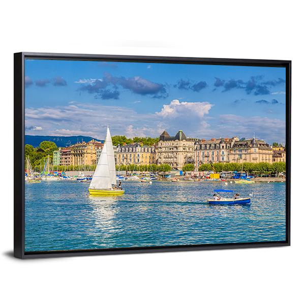 Lake Geneva Harbor In Switzerland Panoramic Canvas Wall Art-1 Piece-36" x 12"-Tiaracle