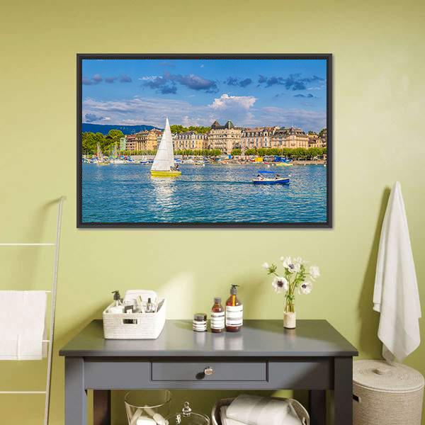Lake Geneva Harbor In Switzerland Panoramic Canvas Wall Art-1 Piece-36" x 12"-Tiaracle