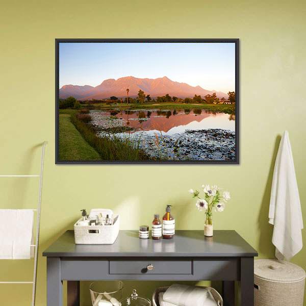 Lake George South Africa Landscape Canvas Wall Art in orange, green and blue, framed canvas, product view on a white background