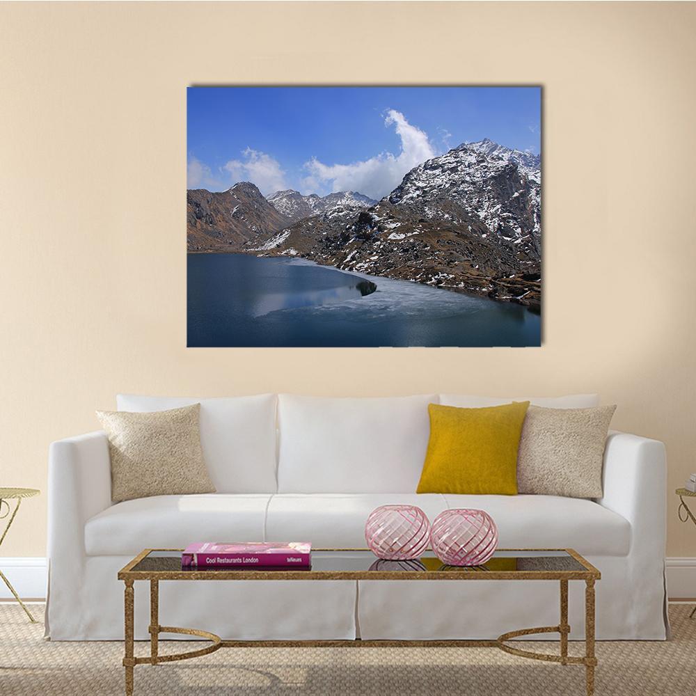 Lake Gosainkunda Winter Landscape Canvas Wall Art in white, gray and blue, single panel hung on a wall