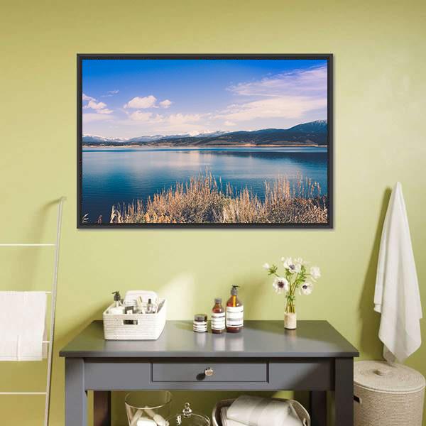 Lake Granby with Snow-capped Mountains Canvas Wall Art in white, beige and blue, framed canvas, product view on a white background