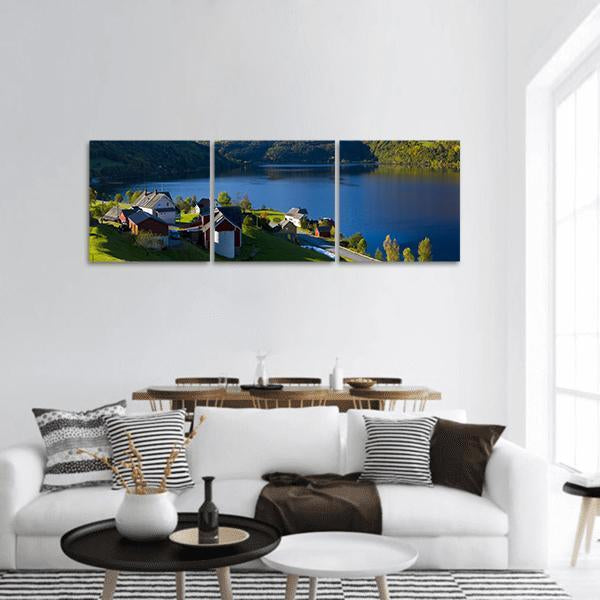Lake Granvin Vatne Norway Panoramic Canvas Wall Art in green and blue, hung on a wall