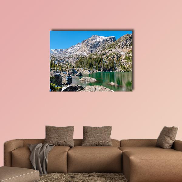 Lake Haiyaha With Rocks And Mountains Canvas Wall Art-5 Horizontal-Gallery Wrap-22" x 12"-Tiaracle