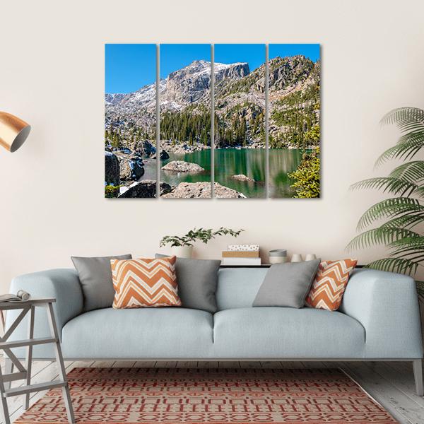 Lake Haiyaha With Rocks And Mountains Canvas Wall Art-4 Horizontal-Gallery Wrap-34" x 24"-Tiaracle