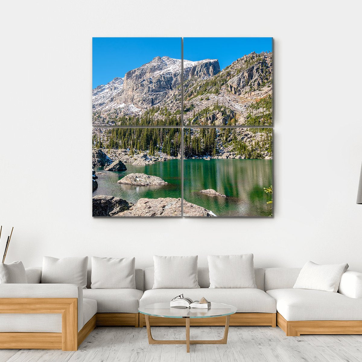 Alpine Lake with Rocky Foreground Canvas Wall Art in gray, green and blue, hung on a wall