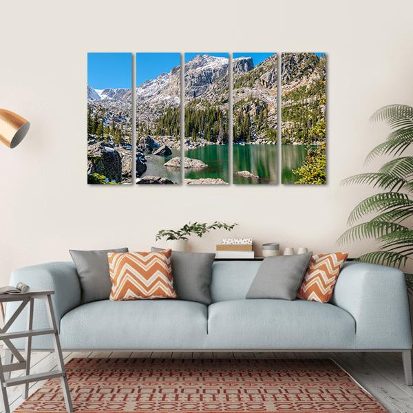 Lake Haiyaha With Rocks And Mountains Canvas Wall Art-5 Horizontal-Gallery Wrap-22" x 12"-Tiaracle