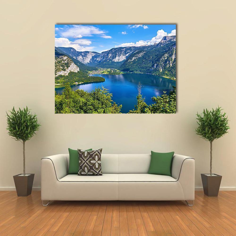 Lake Hallstattersee Canvas Wall Art in green and blue, single panel hung on a wall