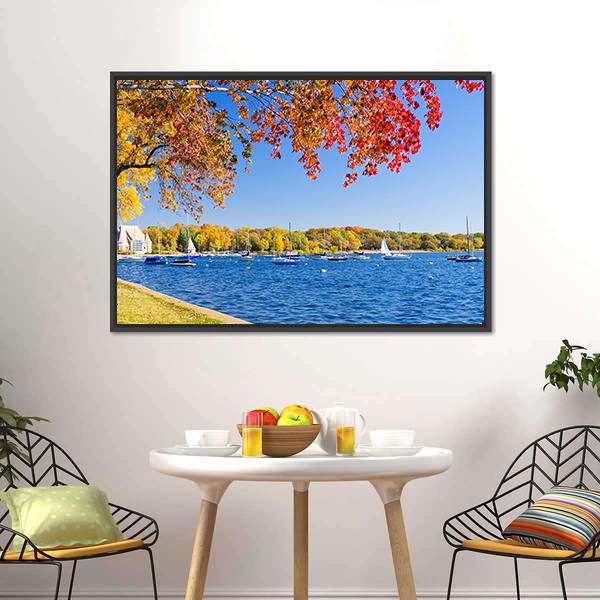 Autumn Lakeshore with Sailboats Canvas Wall Art in orange, yellow and blue, framed canvas, product view on a white background