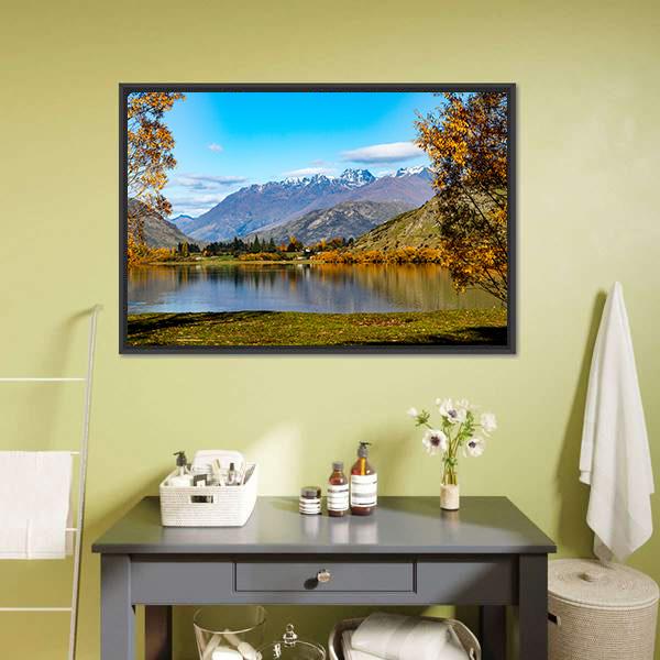 Lake Hayes In Autumn Canvas Wall Art-1 Piece-Floating Frame-24" x 16"-Tiaracle