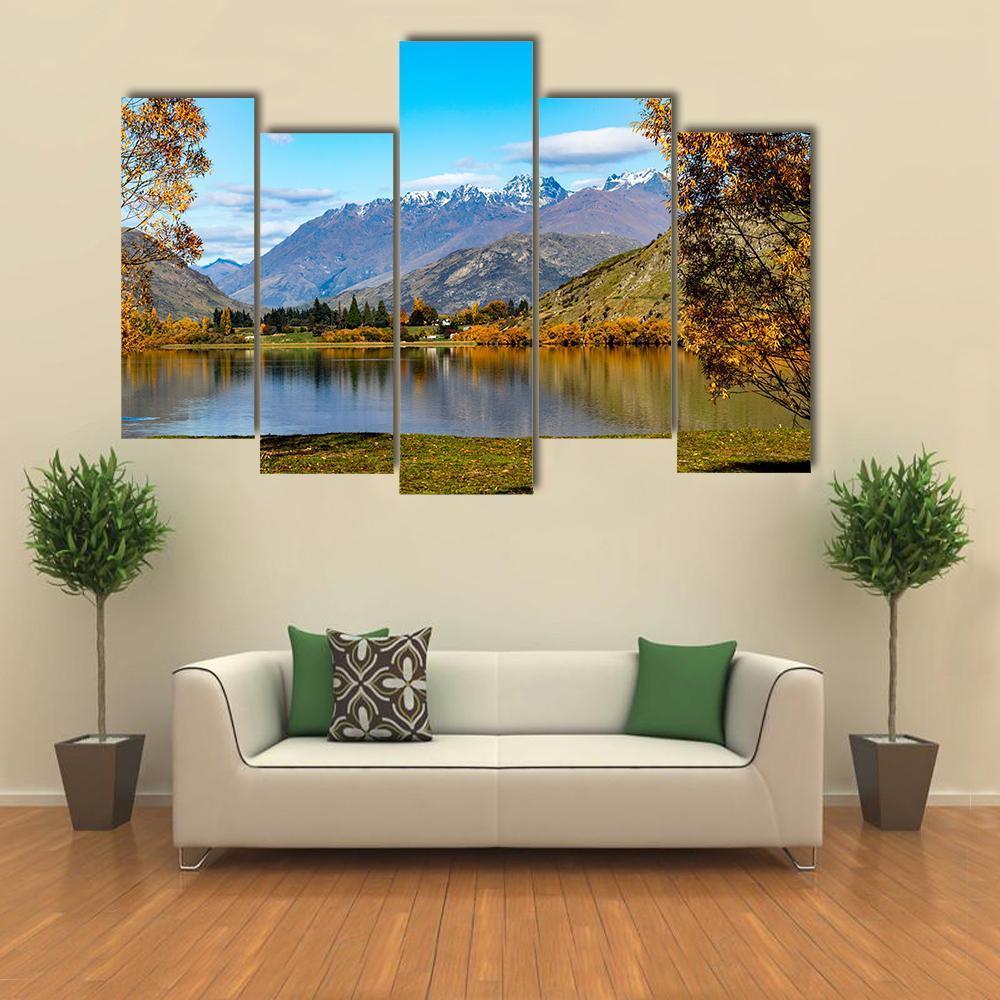 Lake Hayes In Autumn Canvas Wall Art-5 Pop-Gallery Wrap-47" x 32"-Tiaracle